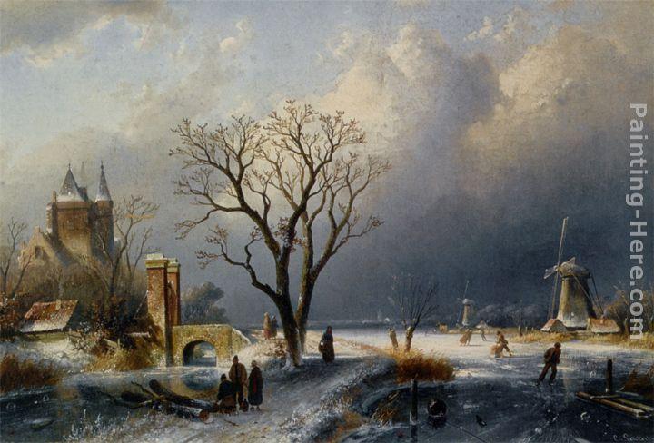 Charles Henri Joseph Leickert A Winter Landscape with Figures near a Castle